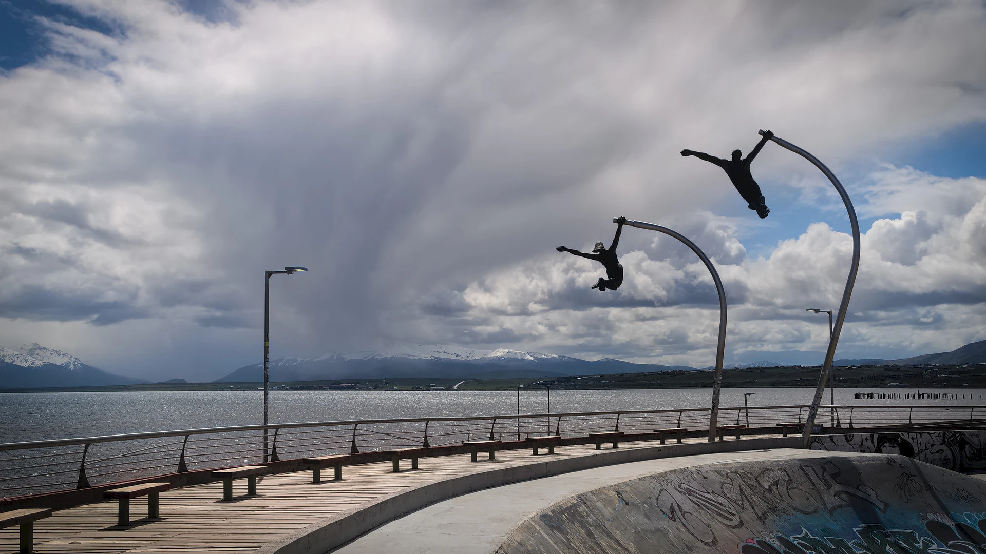 Monument to the wind statue on the shore in Puerto Natales
